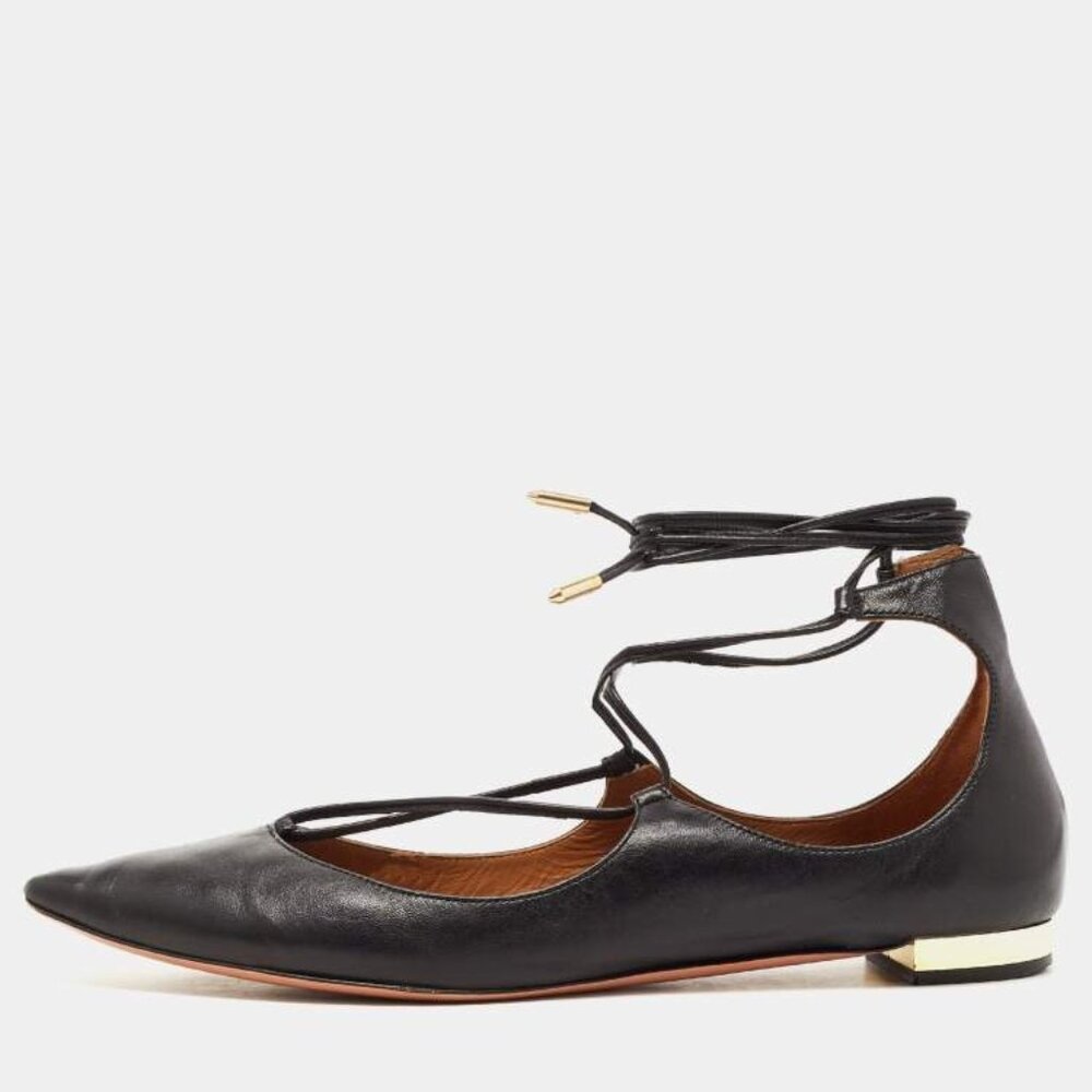Aquazzura Black Leather Flats with Gold Accents